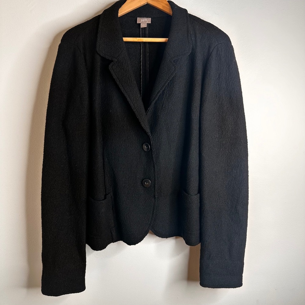 J Jill Wool Blend Blazer Jacket Womens‎ L Black Snap Chore Stretch Minimalist